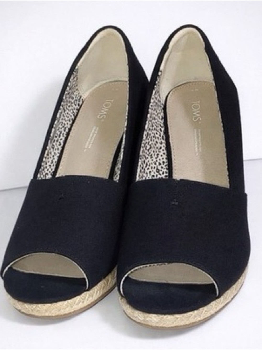 TOMS Black Canvas Peep-Toe Espadrille Wedge